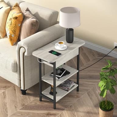 LIDYUK End Table with Charging Station, Set of 2 Flip Top Narrow Side Table for Small Spaces, Nightstands Set of 2 for Bedroom, End Tables Living Room with Storage Shelves, Light Grey - Image 2