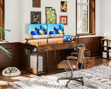 AODK 55 Inch Computer Desk with 3 Drawers and File Cabinet for Storage, Office Desk with Monitor Stand and LED Lights, Home Office Desks, Vintage - Image 4