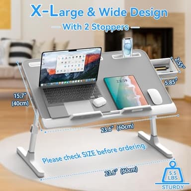 Laptop Bed Desk, X-Large Leather Adjustable Computer Bed Table Tray, Foldable Laptop Lap Desk for Bed Sofa Couch Floor Writing Eating Working with Drawer 2 Movable Stoppers (23.6 inch, Grey) - Image 6