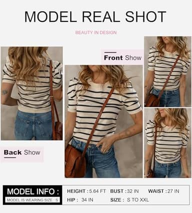 Dokotoo Short Sleeve Sweater for Women 2025 Trendy Crewneck Tops Casual Black Striped Blouse Puff Sleeve Fall Clothing Color Block Knitted Shirts Casual Business Outfits for Outgoing Large - Image 2