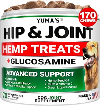 YUMA'S Hemp Hip and Joint Supplement for Dogs - Glucosamine for Dogs - 170 Joint Pain Relief Chews - Chondroitin, MSM - Hemp Oil - Advanced Canine Health Supplement - Mobility Support Treats - Image 1