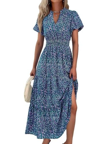 MASCOMODA Summer Maxi Dresses for Women 2025 Casual V Neck Puff Short Sleeve Smocked Flowy Beach Boho Long Floral Dress(Floral Purple Green,Medium) - Image 1