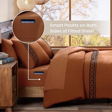 MAIREVE Burnt Orange Embroidery Comforters Set Queen Size - 7 Pieces, Farmhouse Western Bedding All Season, Bed in A Bag Queen Boho Comforter Set with Sheets, Pillowcases & Shams - Image 8