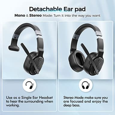 COSMUSIS Trucker Bluetooth Headset, Wireless Headsets with Noise Cancelling Microphone, 50+Hrs HD Talktime Bluetooth Headphones with Detachable Earpad/Single+Dual Mode for Office/Driving/Home - Image 2