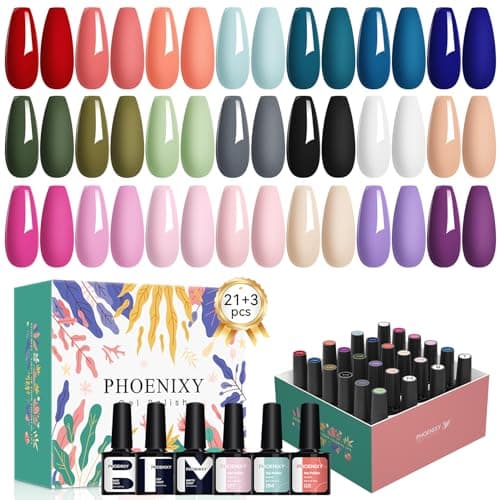 phoenixy 24 PCS Gel Nail Polish Set, Spring 21 Colors Gel Nail Polish Kit with Base Glossy Matte Top Coat Black Gray Red Nail Kit Gifts for Women PCA9024 - Image 1