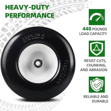 AR-PRO (2-Pack) 13x6.50-6 Flat Free Tire and Wheel - Universal 13x6.5-6 Solid Rubbe Riding Lawn Mower Tire with Rim - With 5.5"-7.8” Centered Hub and 3/4" Bearings extra 5/8" 1/2” Bushings - Image 4