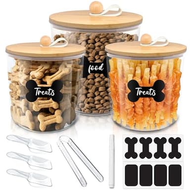 HOYTAMDAR 3 Pack Airtight Dog Food Storage Container, Dog Treat Container Dog Food Containers with Bamboo Lids 8x7''&6x5'',Pet Food Storage Container,Cat Food Container with Scoops,Clamp,Labels,Pen - Image 1