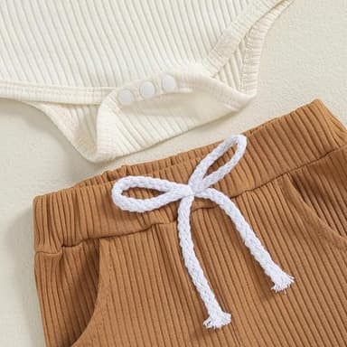 fhutpw Baby Boy Clothes 3 6 12 18 Months Ribbed Knitted Long Sleeve Romper and Pants Sets Newborn Fall Splicing Color Outfits (White&Khaki, 0-3 Months) - Image 6