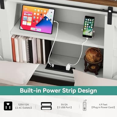 YITAHOME Farmhouse Queen Size Bed Frame with Headboard, Bookcase Shelves, Sliding Barn Door, Charging Station, Rustic Wood Platform Bed, No Box Spring Needed, White - Image 3