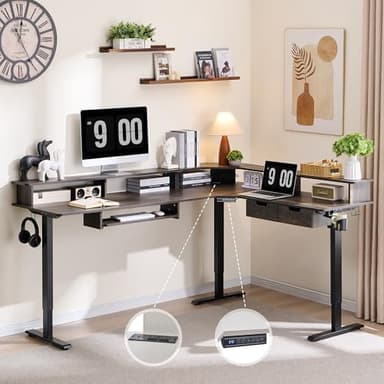RedLemon 75X60 Inches L Shaped Electric Standing Desk,Height Adjustable Corner Gaming Desk with Drawers, Keyboard Tray, Power Outlets & LED Lights, Computer Desk with Monitor Shelf, Dark Rustic Oak - Image 7