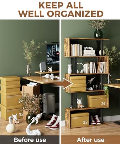 Gadroad 5-Tier Geometric Bookcase,S Shaped Bookshelf, Wood Decorative Storage Shelving, Modern Freestanding Display Shelves, Tall Book Shelf Unit for Living Room Bedroom, Rustic Brown - Image 7