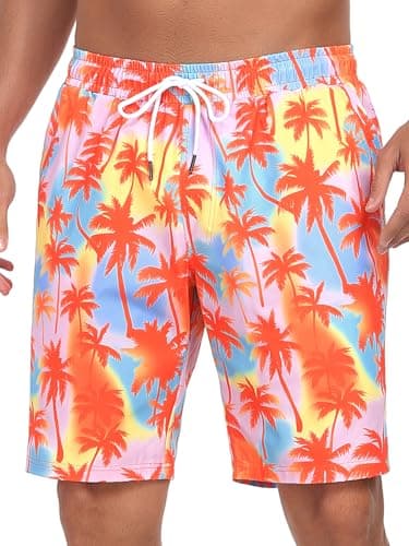 RELLECIGA Men's Board Shorts Quick Dry 9 Inch Swim Trunk with Mesh Lining(Orange Coconut Tree,X-Large) - Image 1