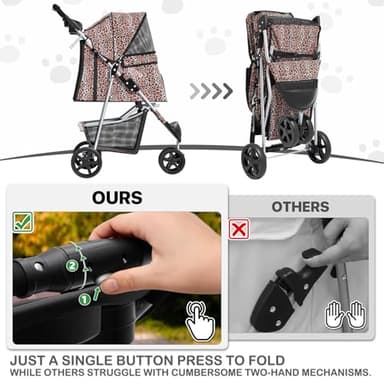 MoNiBloom 3 Wheels Pet Dog Cat Stroller for Small Medium Dogs Cats, Lightweight Foldable Jogger Stroller w/Storage Basket & Cup Holder, Leopard Print - Image 6