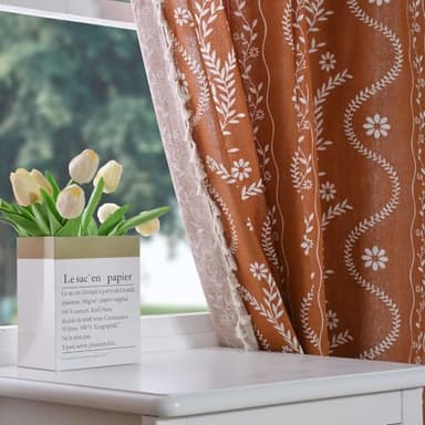 Terracotta Boho Linen Curtains with Tassels 84 Inch Length for Living Room, Floral Semi Sheer Curtains 2 Panels, Vintage Rustic Farmhouse Light Filtering Drapes, Burnt Orange - Image 2