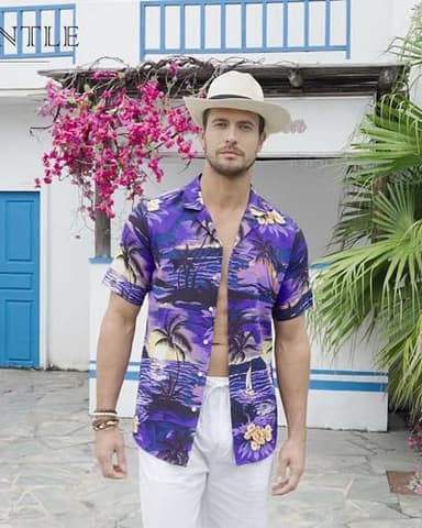 Alimens & Gentle Hawaiian Shirt for Men Summer Beach Casual Short Sleeve Button Down Shirts Printed Tropical Vacation Shirts Purple - Image 2