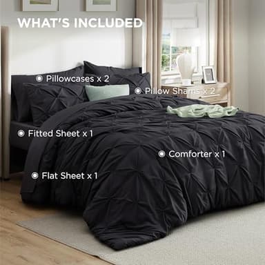 Bedsure Queen Comforter Set Black - Bed in a Bag Queen Size 7 Pieces, GentleSoft™ Pintuck Bed Set Gift for Family, Pinch Pleat Black Comforter with Sheets, Pillowcases & Shams - Image 8