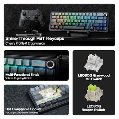 EPOMAKER X Aula F65 PRO Wireless Mechanical Gaming Keyboard, Hot-Swap, 5-Layer Padding, Creamy Gasket, Knob and Shine-Through PBT Keycap, RGB, BT/2.4GHz/USB-C (Gradient Grey, Graywood V3 Switch) - Image 4