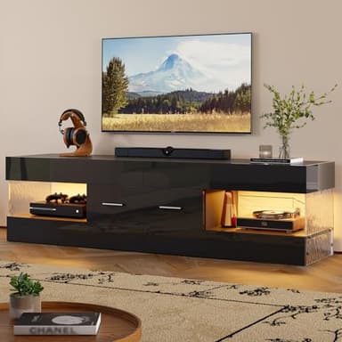 Bestier Black TV Stand for 55/60/65 Inch TV, High Gloss Modern TV Stand with Stone-Patterned Side Panels, LED Entertainment Center with Large Drawer, TV Consoles for Living Room, Bedroom - Image 4