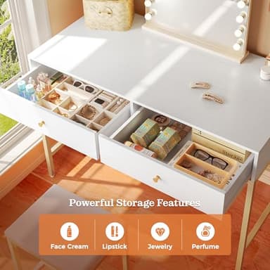 SUPERJARE 43-inch Modern White & Gold Desk - 2 Drawer Vanity, Computer & Home Office Study Desk for Writing & Bedroom - Image 4