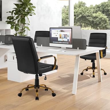 Yaheetech Mid-Back Office Chair PU Leather Desk Chair Adjustable Executive Task Chair w/Lumber Support Gold Leg Black Seat - Image 2