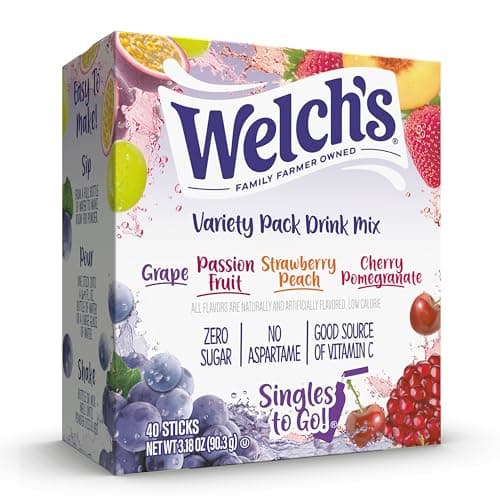 Welch's Singles To Go Variety Pack, Watertok Powdered Drink Mix, Includes 4 Flavors, Grape, Passion fruit, Strawberry Peach, Cherry Pomegranate, 1 Box (40 Servings) - Image 1