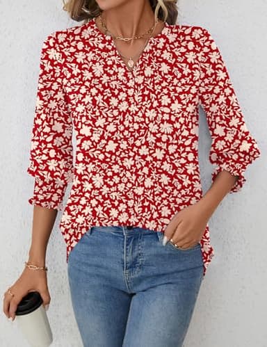LOMON Womens Christmas Tops 3/4 Length Sleeve Womens Tops V Neck T Shirt for Womens Fashion Trendy Red Apricot Floral XXL - Image 6