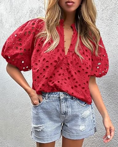 PRETTYGARDEN Women's Summer Tops 2025 Dressy Casual Short Sleeve V Neck Buttons Hollow Out Lace Embroidered Blouses Shirts (Red,XX-Large) - Image 7