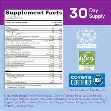 SmartyPants Toddler Multivitamin Gummies: Omega 3 Fish Oil (EPA/DHA), Vitamin D3, C, Vitamin B12, B6, A, K & Zinc, Biotin, Beta Carotene, Gluten Free, Three Fruit Flavors, 90 Count (30 Day Supply) - Image 4