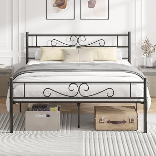 VECELO Full Size Bed Frame with Headboard, Heavy-Duty Platform with Metal Slats Support, No Box Spring Needed/Easy Assembly, Dark&Black - Image 1
