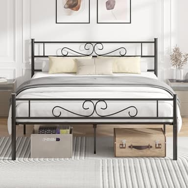 VECELO Full Size Bed Frame with Headboard, Heavy-Duty Platform with Metal Slats Support, No Box Spring Needed/Easy Assembly, Dark&Black - Image 1