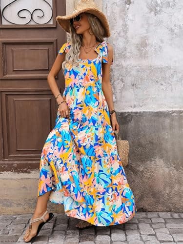 PRETTYGARDEN Summer Dresses for Women 2025 Sleeveless Spaghetti Strap Long Floral Maxi Dress Boho A Line Beach Sundresses(Multicolored Blue,X-Large) - Image 5