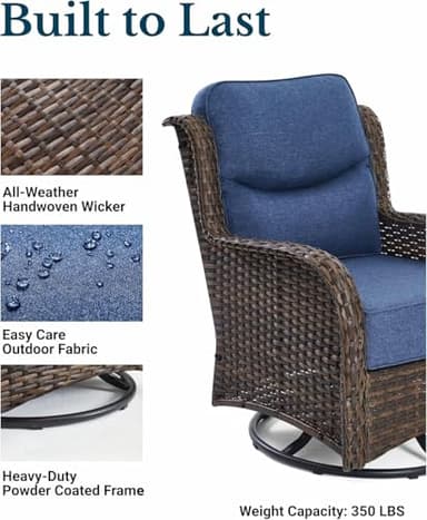 HILLGA Luxury Patio Furniture Set with 6-inch Thick Cushion, Outdoor High Back Swivel Rocker Patio Chairs, 3PCS Wicker Conversation Set for Deck Yard and Poolside, Blue (V2) - Image 6