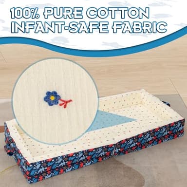 Umoving 100% Cotton Lining Portable Foldable Toddler Travel Bed - Soft Foam Floor Bed with Washable Cover, Safe and Comfortable Toddler Crib, Ocean Blue - Image 4