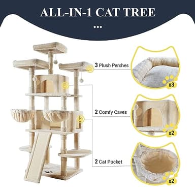 Allewie 68 Inches Cat Tree/House and Towers for Big Feline/Scratching Post/Multi-Level Large Kitty Climbing Tree with Condo/Beige - Image 5