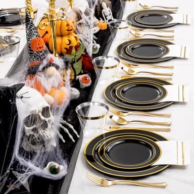 GATHER 350PCS Black Plastic Plates-Disposable Dinnerware Set Include 100PCS Black and Gold Plastic Plates, 150 Silverware, 50 Napkins, 50 Cups Perfect for Party & Wedding & Halloween - Image 3