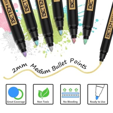 Betem Metallic Paint Markers, 10 Colors Acrylic Paint Markers for Black Paper, 2mm Medium Tips Metallic Glitter Pens for Scrapbooking, Rock Painting, Greeting Cards, Photo Albums, DIY Art Crafts - Image 3