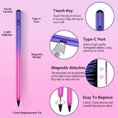 Stylus Pen for iPad 2018-2025 with Palm Rejection, Faster Charge,Tilt Sensitivity iPad Pencil Compatible with A16/10th/9th/8th/7th/6th,Pro 11/12.9/13in M4,Air M2/M3/5th/4th, Mini 6/5 (Gradient Purple) - Image 8