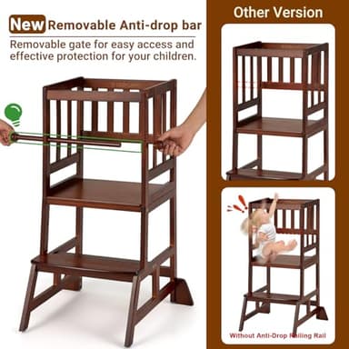 COSYLAND Toddler Standing Tower - Adjustable Height Toddler Kitchen Stool Helper - Kids Kitchen Step Stool for Learning with Removable Safety Railing Brown - Image 3