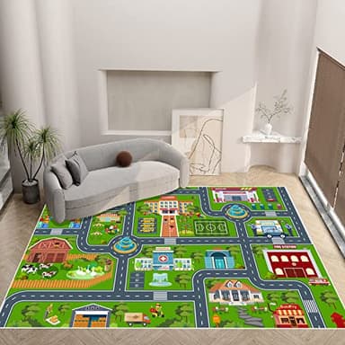 VNUVCOE Kids Car Rug Playmat Carpet, Playroom City Road Race Track Rug for Playing Cars Toys, Educational Area Rugs for Bedroom Classroom Toddlers Kids Room Safe Area Decor(Green,2.6x3.9ft) - Image 9