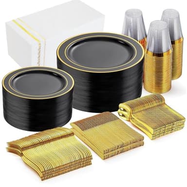 GATHER 350PCS Black Plastic Plates-Disposable Dinnerware Set Include 100PCS Black and Gold Plastic Plates, 150 Silverware, 50 Napkins, 50 Cups Perfect for Party & Wedding & Halloween - Image 1
