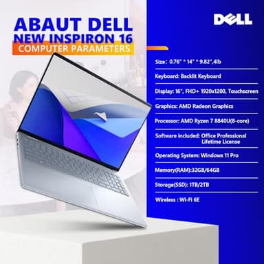 Dell Inspiron-16 Touchscreen Business Laptop - w/Office Lifetime • 16-inch FHD+ Display • AMD Ryzen 7-8840U • Backlit KB • Fingerprint • Win 11 Pro & External DVD Drive (64GB DDR5 RAM | 2TB SSD) - Image 5