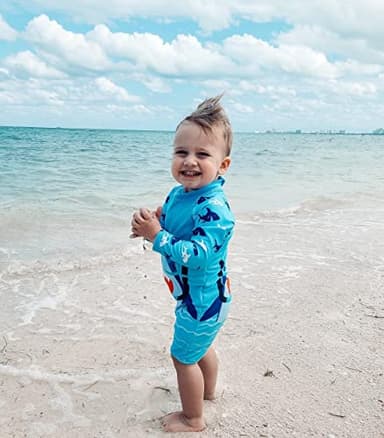 18-24 Months Baby Boys Swimsuit Rash Guard Swimwear Blue Shark Fish Long Sleeve Bathing Suit One-Piece Beach Sunsuit with Sun Hat - Image 4