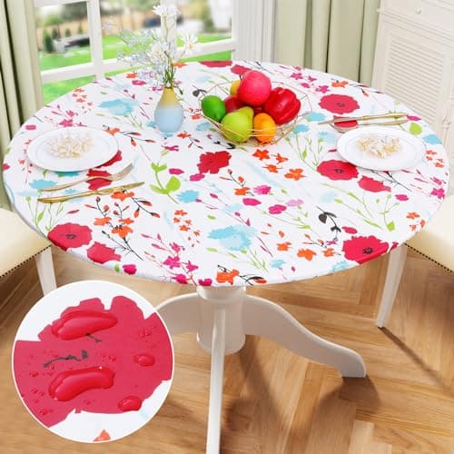 misaya Round Fitted Tablecloth with Elastic Edge, 100% Waterproof Oil Proof Plastic Table Cover, Vinyl Flannel Backed Tablecloth Fits 36"-44" Round Tables for Dinner, Outdoor, Picnic, Flowers - Image 1