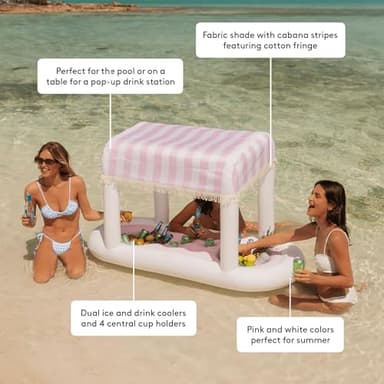 FUNBOY Giant Floating Pink Cabana Stripe Drink Station, Removable Fabric Shade with Fringe, Perfect for Parties, Table-Top Decorations and in-Pool Refreshments. - Image 4