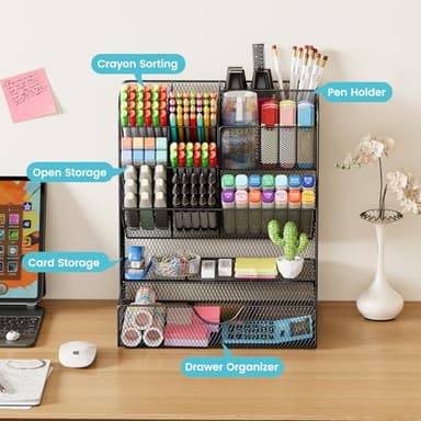 OPNICE Desk Organizers and Accessories, Pen Holder for Desk Organizer with Drawer, Pencil Holder Office Desk Accessories Workspace Desktop Organizer for School Home Office Art Supplies（Black） - Image 4