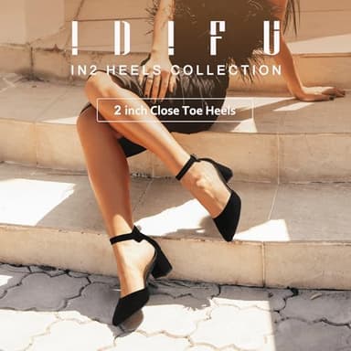 IDIFU Women's IN2 Pedazo Dress Shoes Low Block Heels Comfortable Chunky Closed Toe Ankle Strap Wedding Pumps(Black Suede, 9 B(M) US) - Image 2