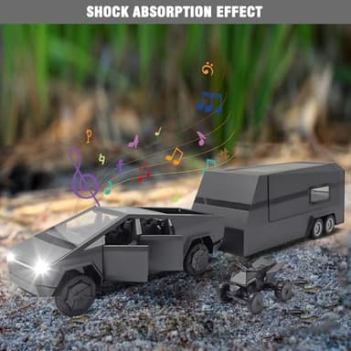 Cybertruck Model: 1/32 Diecast Metal Pick-Up Truck Trailer Toy with Motorcycle with Lights and Sounds for Boys, Ages 3 and Up (Gray, Pickup Trailer with RV - Image 7