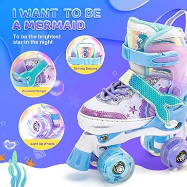 NEMONE Mermaid 4 Size Adjustable Light up Roller Skates for Girls, Blue Purple Skates for Toddlers, Beginner Kids Roller Skates Indoor Outdoor (Blue S) - Image 3