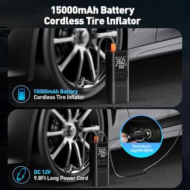 Tire Inflator Portable Air Compressor - Air Pump for Car Tires 150PSI &15000 mAh Battery, Portable Tire Inflator for Car with Pressure Gauge, Tire Inflator with LED Light, for Bike, Motorcycle, Balls - Image 7