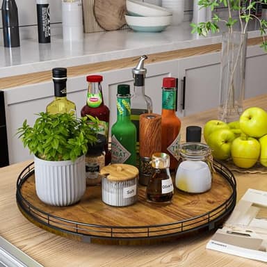 Farmhouse Oak 18" Lazy Susan Turntable Organizer for Cabinet, Round Wooden Lazy Susan Organization and Storage for Dining Table, Pantry, Kitchen, Countertop, Cupboard,Home Decor, Walnut Wood (18") - Image 2